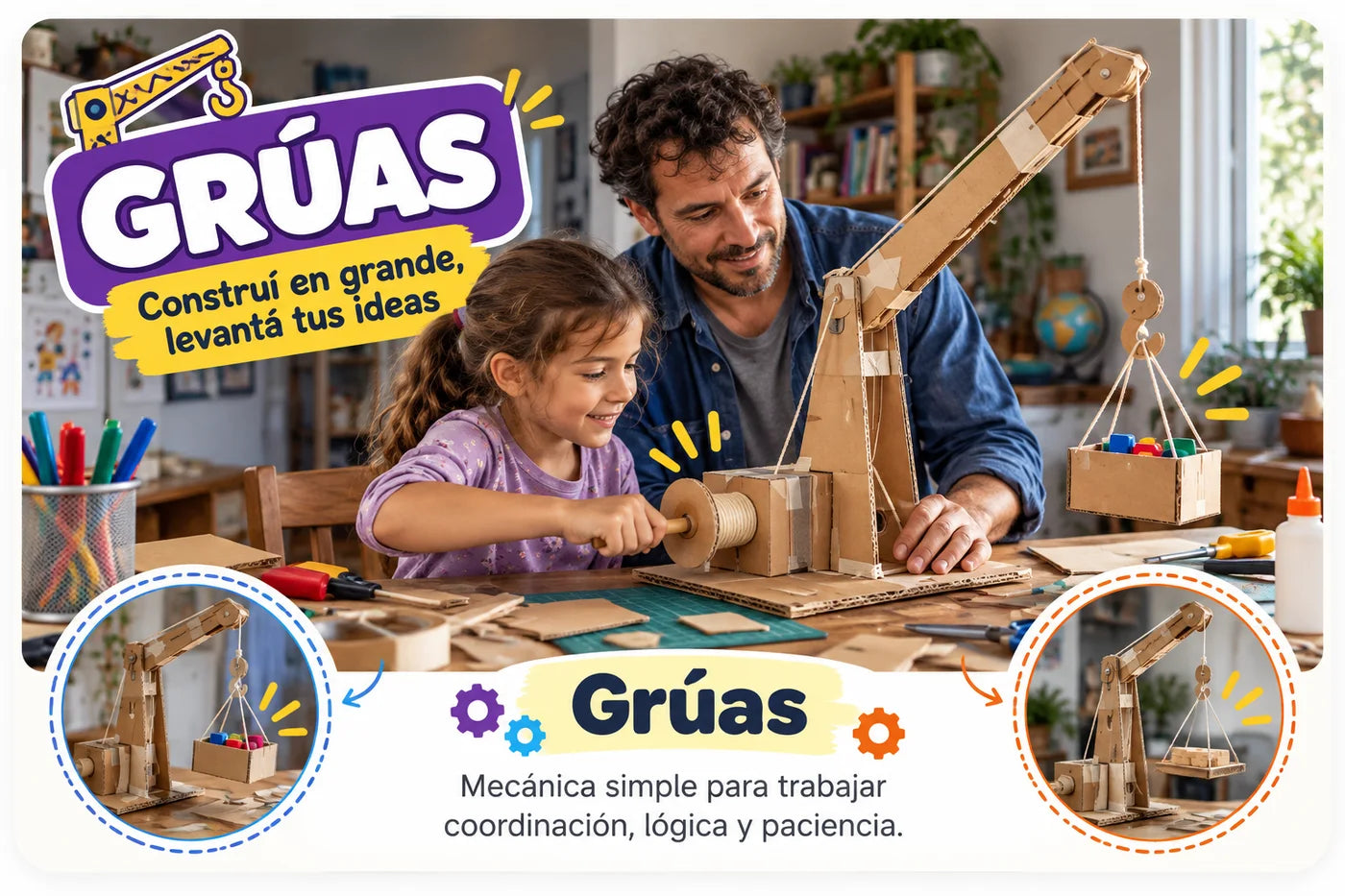 Papá e hija construyendo una grúa de cartón