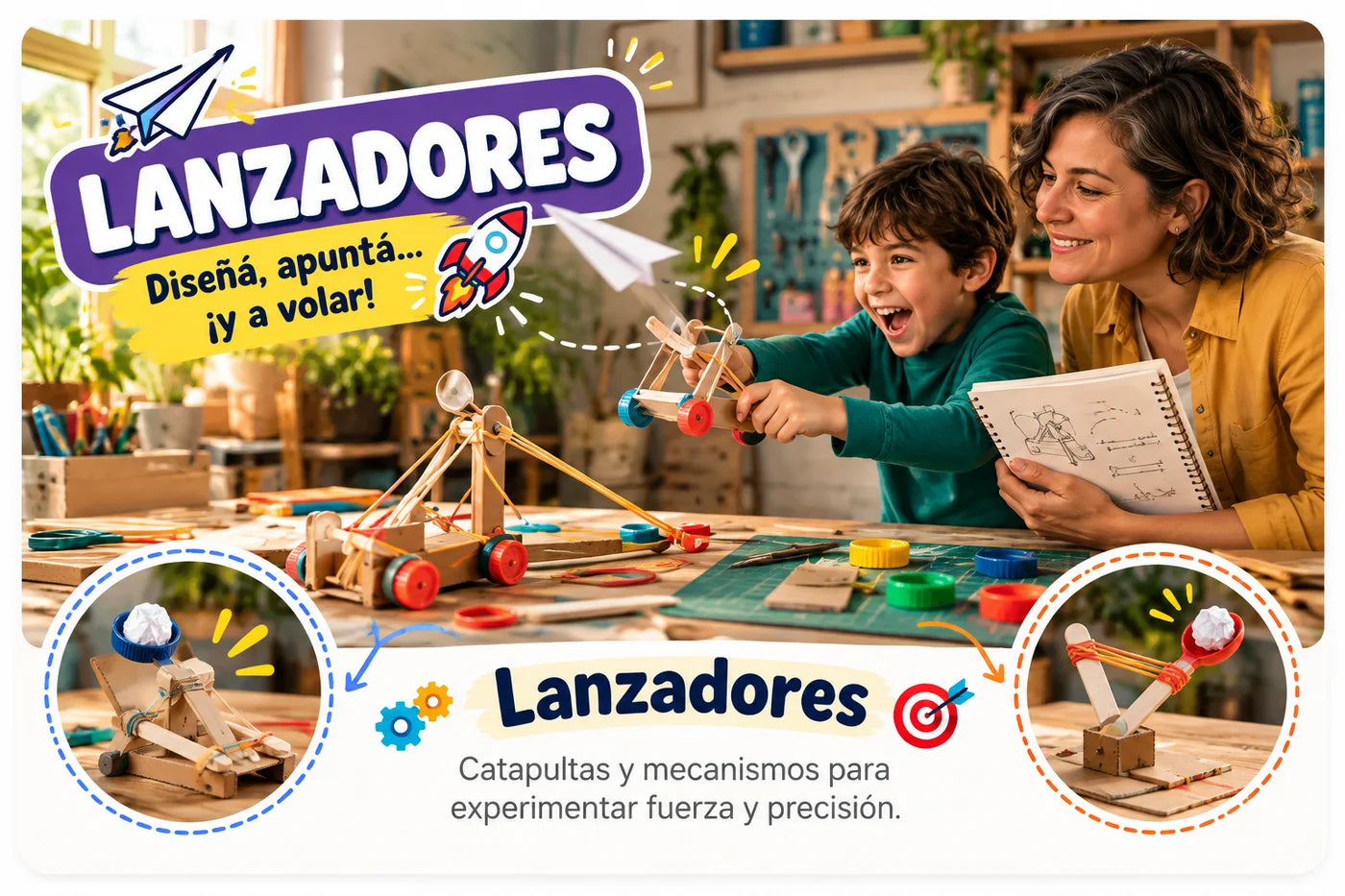 Niño probando una catapulta de palitos