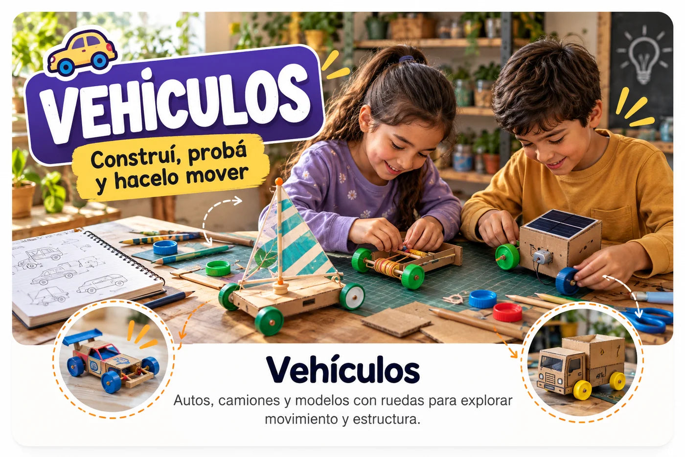 Niños construyendo vehículos de cartón