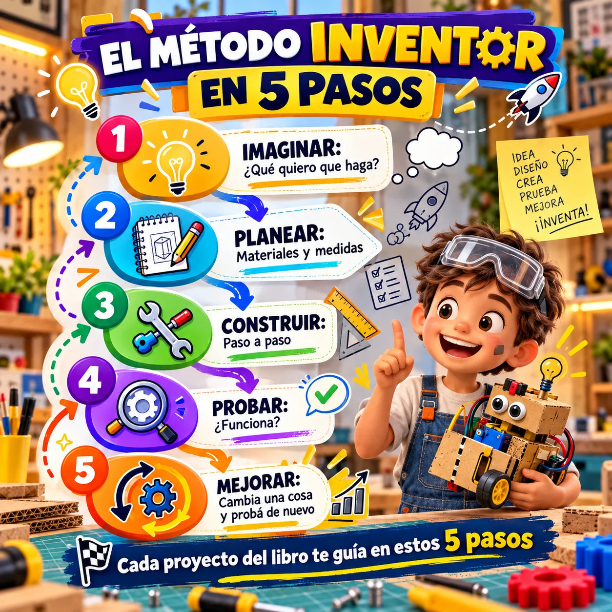 El método inventor en 5 pasos: imaginar, planear, construir, probar y mejorar