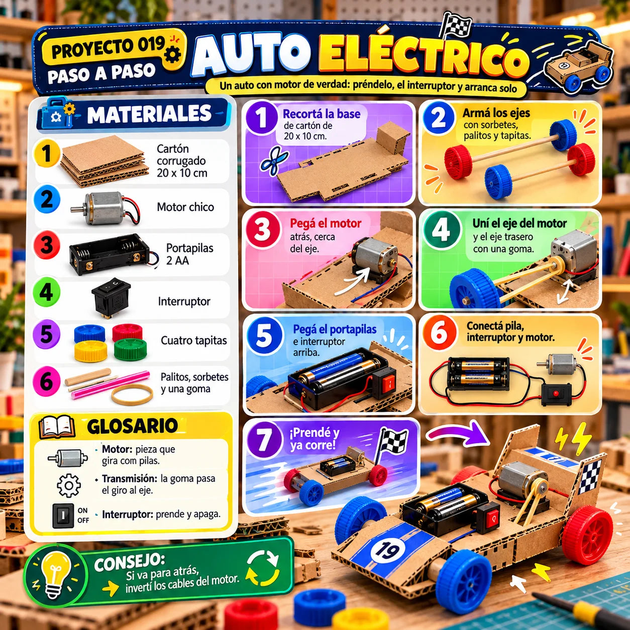 Paso a paso del Auto eléctrico con materiales y glosario