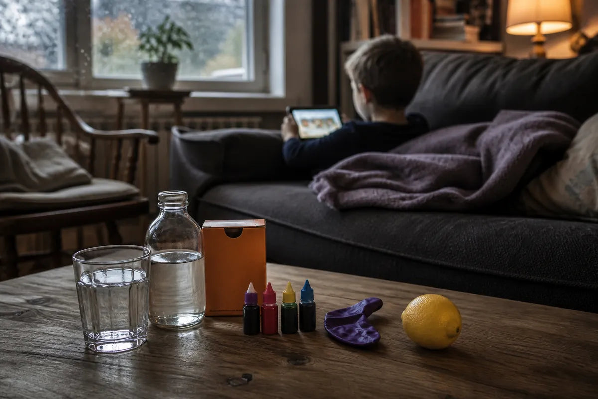 Niño con la tablet y materiales simples sobre la mesa
